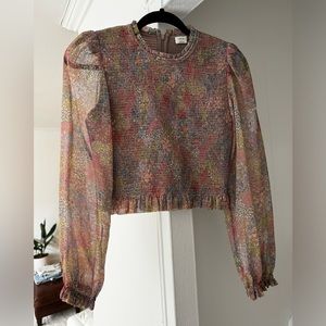 Aritzia Wilfred Tempest Smocked chiffon blouse - Grey/Taupe Floral, size small